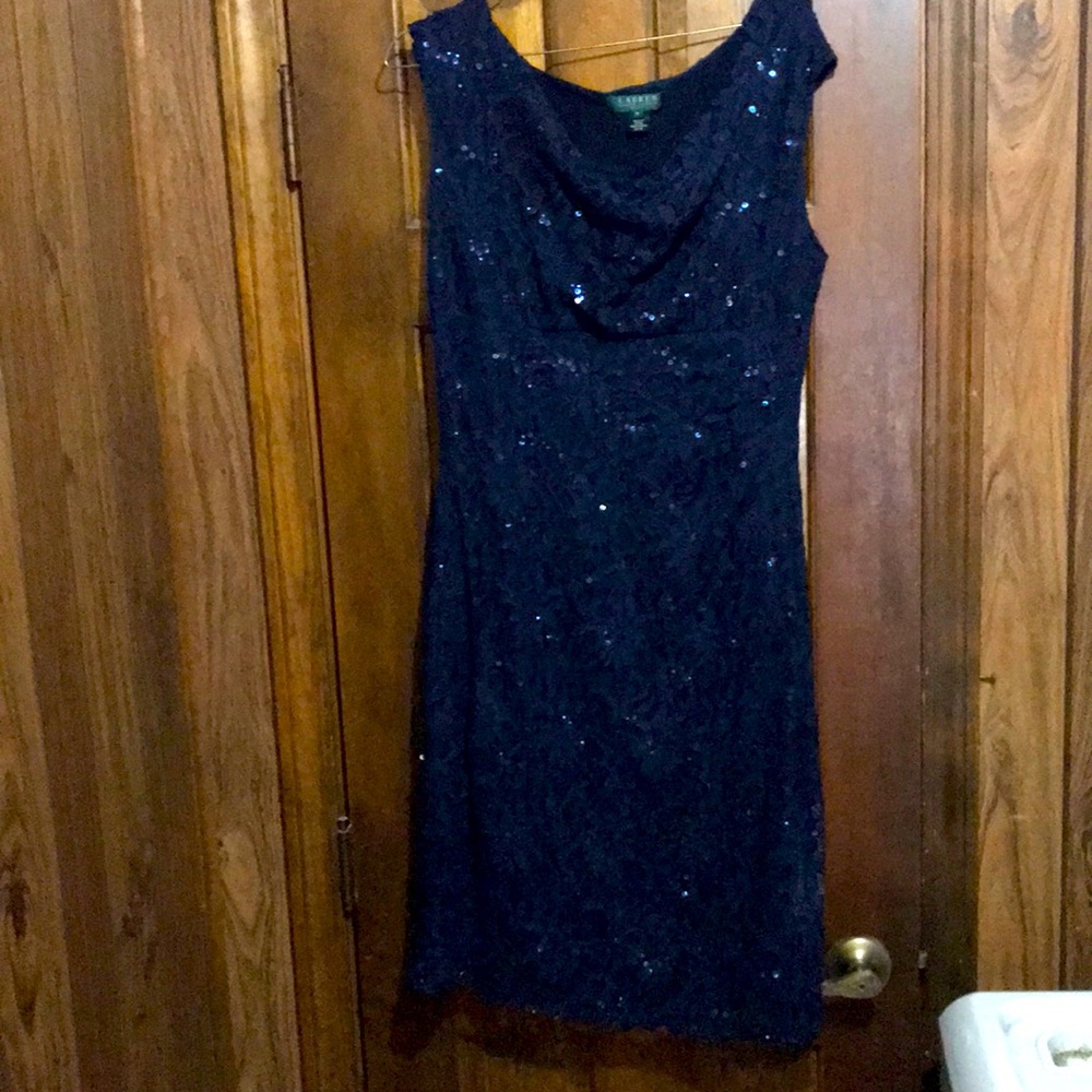 Beautiful pull over mother of bride or party dress. Navy lined sequin stretchy